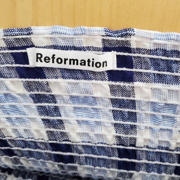 Reformation Marabella Linen Puff Sleeve Midi Dress Blue Gingham Check Size Small - Picture 7 of 10